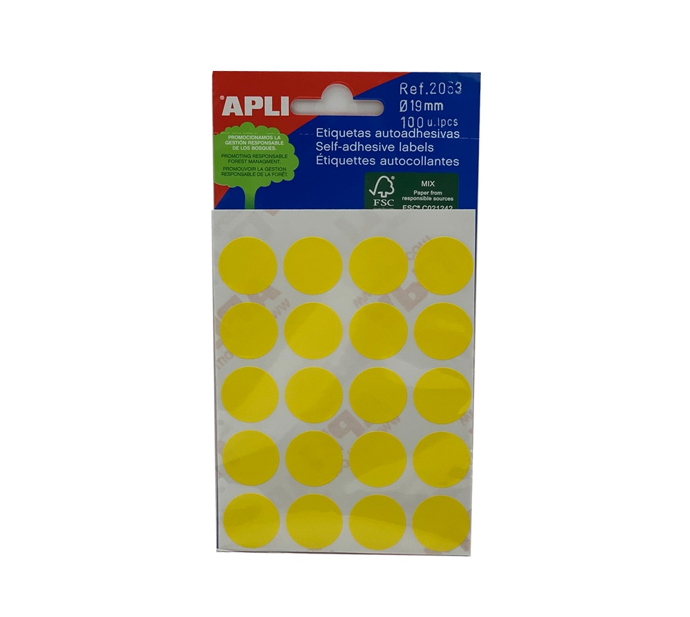 Samolepící etikety Apli kulaté 19mm žluté 100 etiket