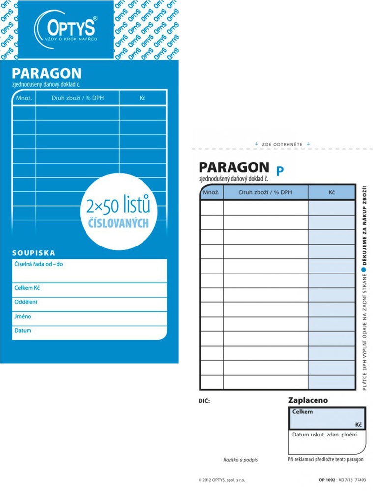 TOpt Obchodní paragon 2x50 listů číslovaný 1092
