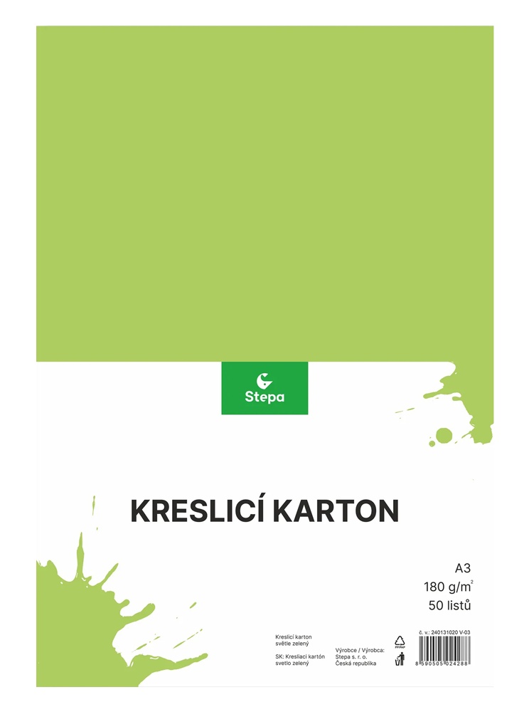 Karton A3 světle zelený 180g. 50 listů