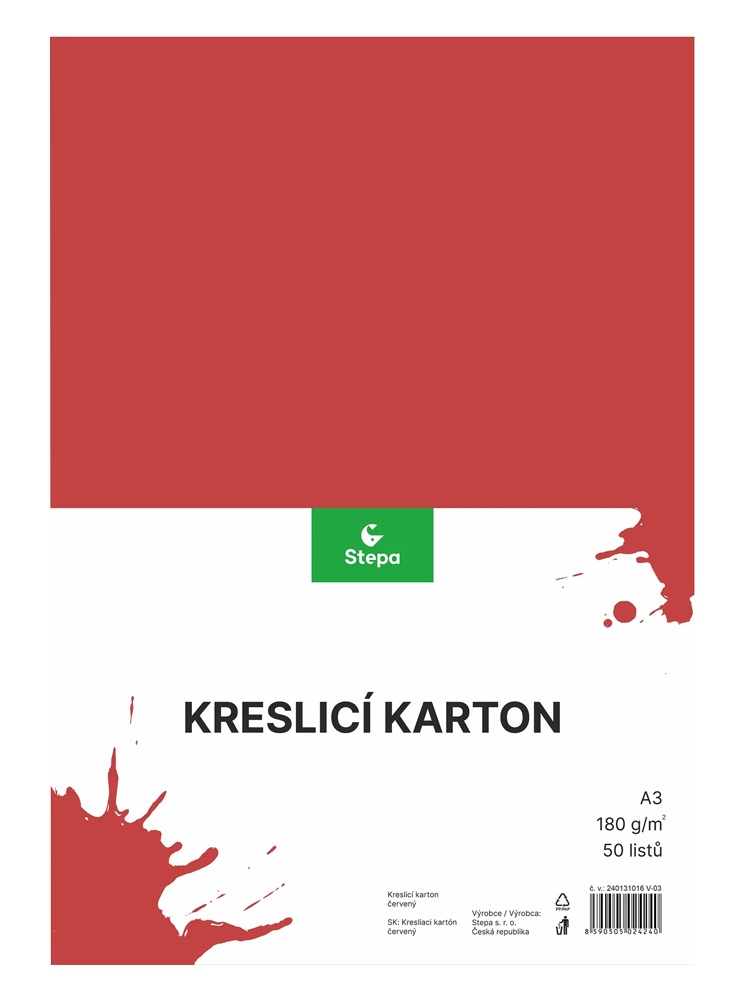 Karton A3 červený 180g. 50 listů