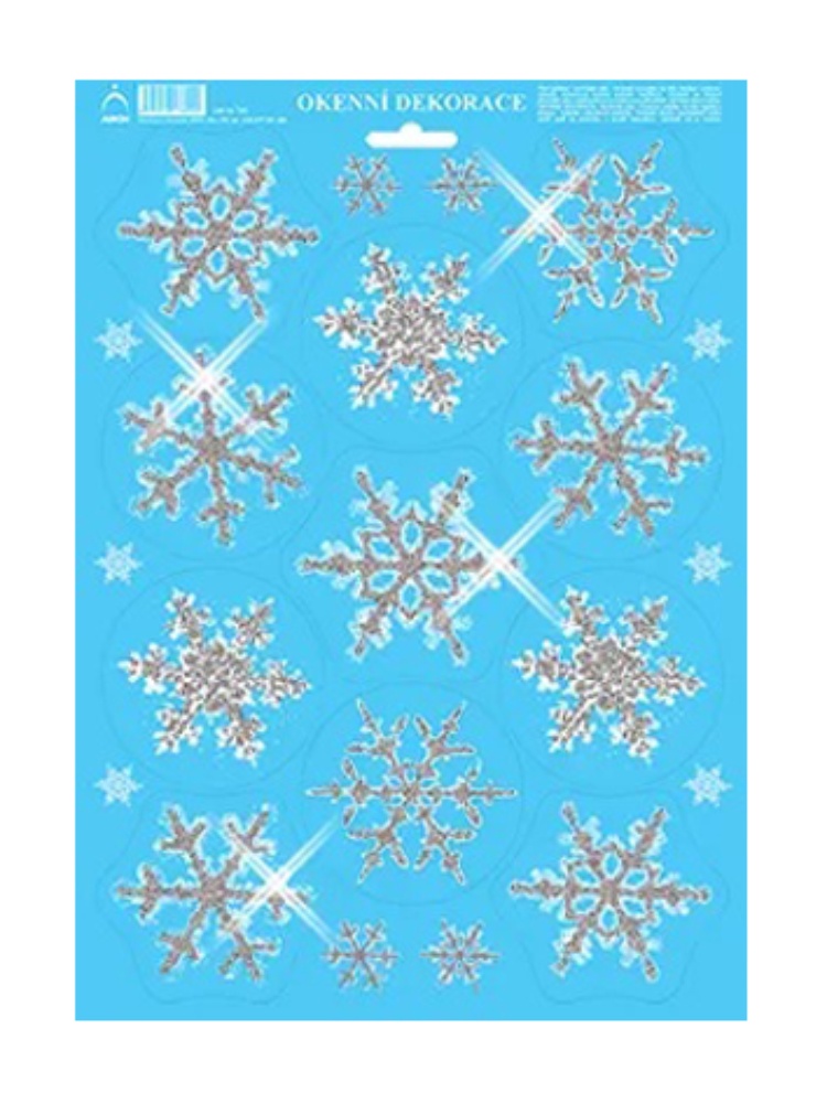 Vánoční okenní dekorace vločky s glitry.25x35