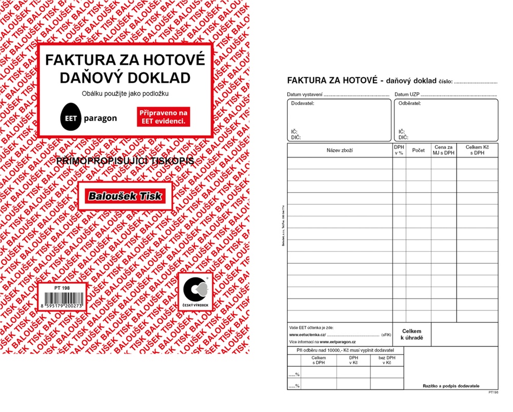TB Faktura za hotové daňový doklad A5 propisující 50 listů PT198