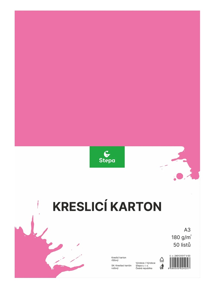 Karton A3 růžový 180g. 50 listů