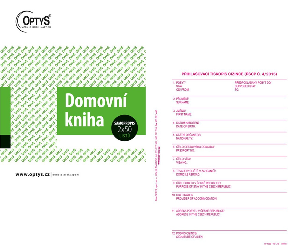 TOpt Domovní kniha-cizinci A6 propisující 2x50 listů 1289